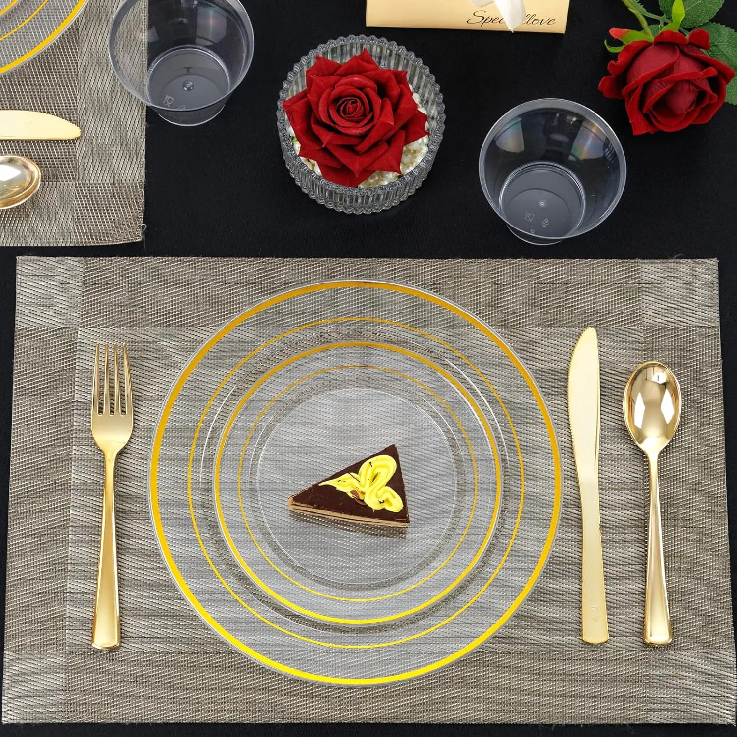 I00000 600Pcs Clear Gold Plastic Plates for 100 Guests, Plastic Dinnerware Set of 100 Gold Disposable Plates, 100 Dessert Plates, 200 Forks, 100 Knives and 100 Spoons Perfect for Party & Wedding