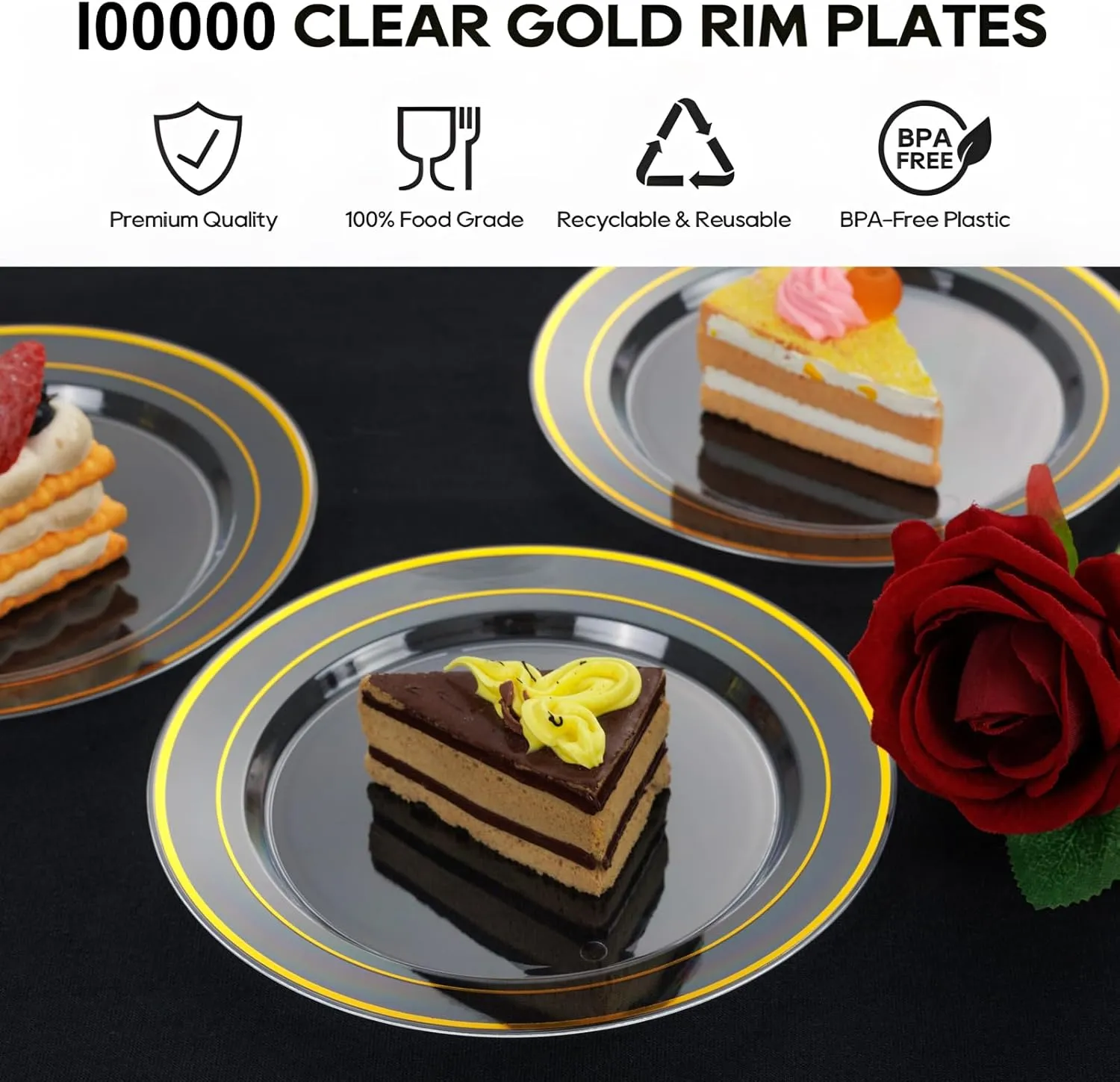 I00000 600Pcs Clear Gold Plastic Plates for 100 Guests, Plastic Dinnerware Set of 100 Gold Disposable Plates, 100 Dessert Plates, 200 Forks, 100 Knives and 100 Spoons Perfect for Party & Wedding