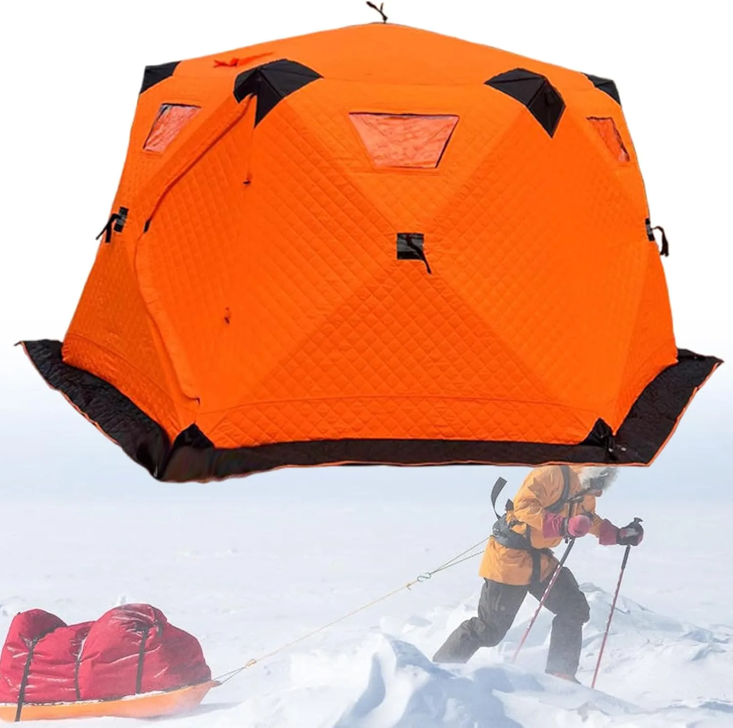 Ice Fishing Camping Hexagonal Shelter,5-8 People,Built-in Storage Bag,Trapezoidal Outdoor Travel Breathable Rain Cover Quick to Build,Orange