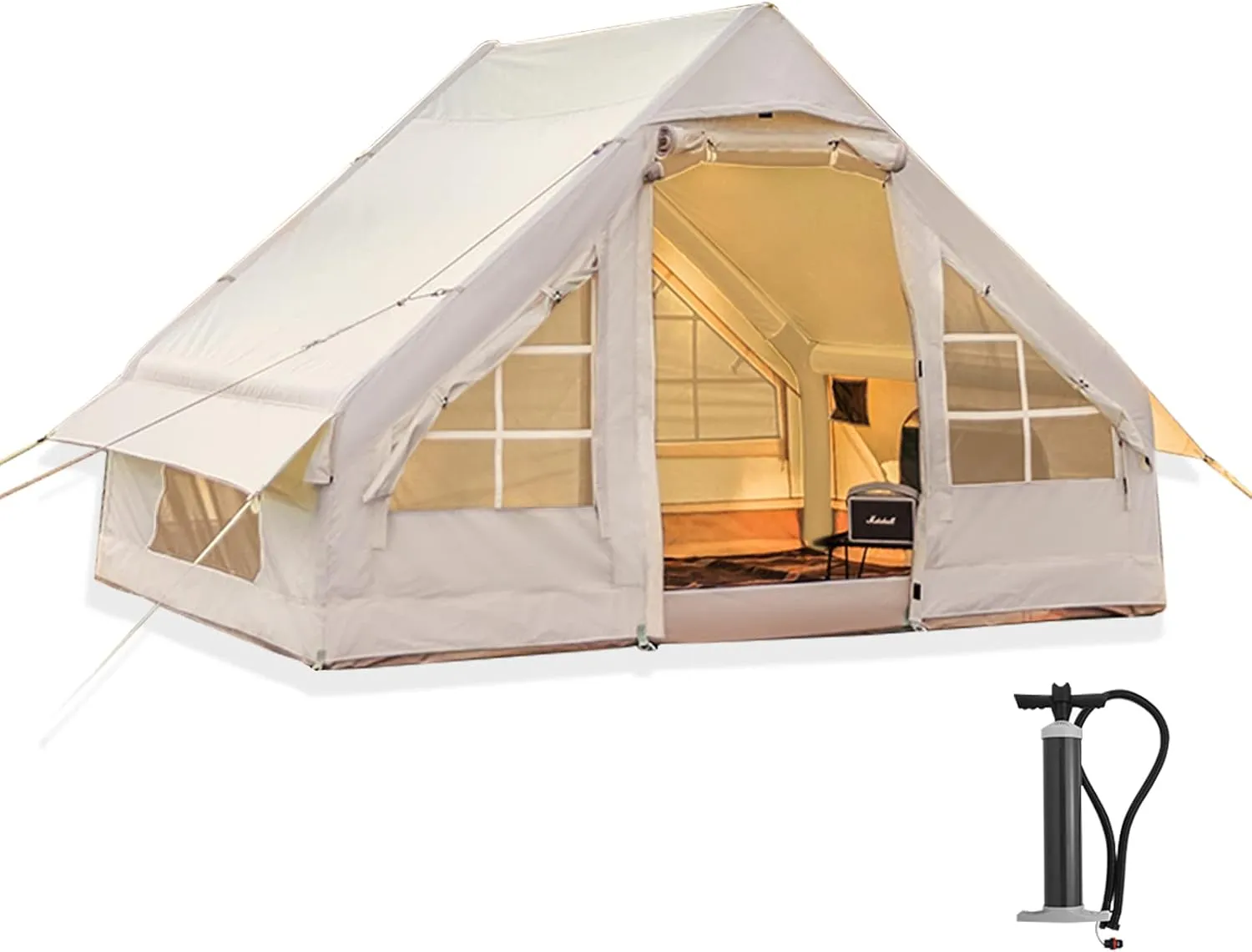 Inflatable Camping Tent with Pump, Glamping Tents, Easy Setup 4 Season Waterproof Windproof Outdoor Blow Up Tent, Luxury Cabin Tent with Mesh Windows & Doors