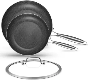 Inqibee 8.5-10 Inch Hybrid Non Stick Tri-Ply Stainless Steel Frying Pan Set with Lid,Inductiong Cooking Pans Set of 2,Dishwasher and Oven Safe