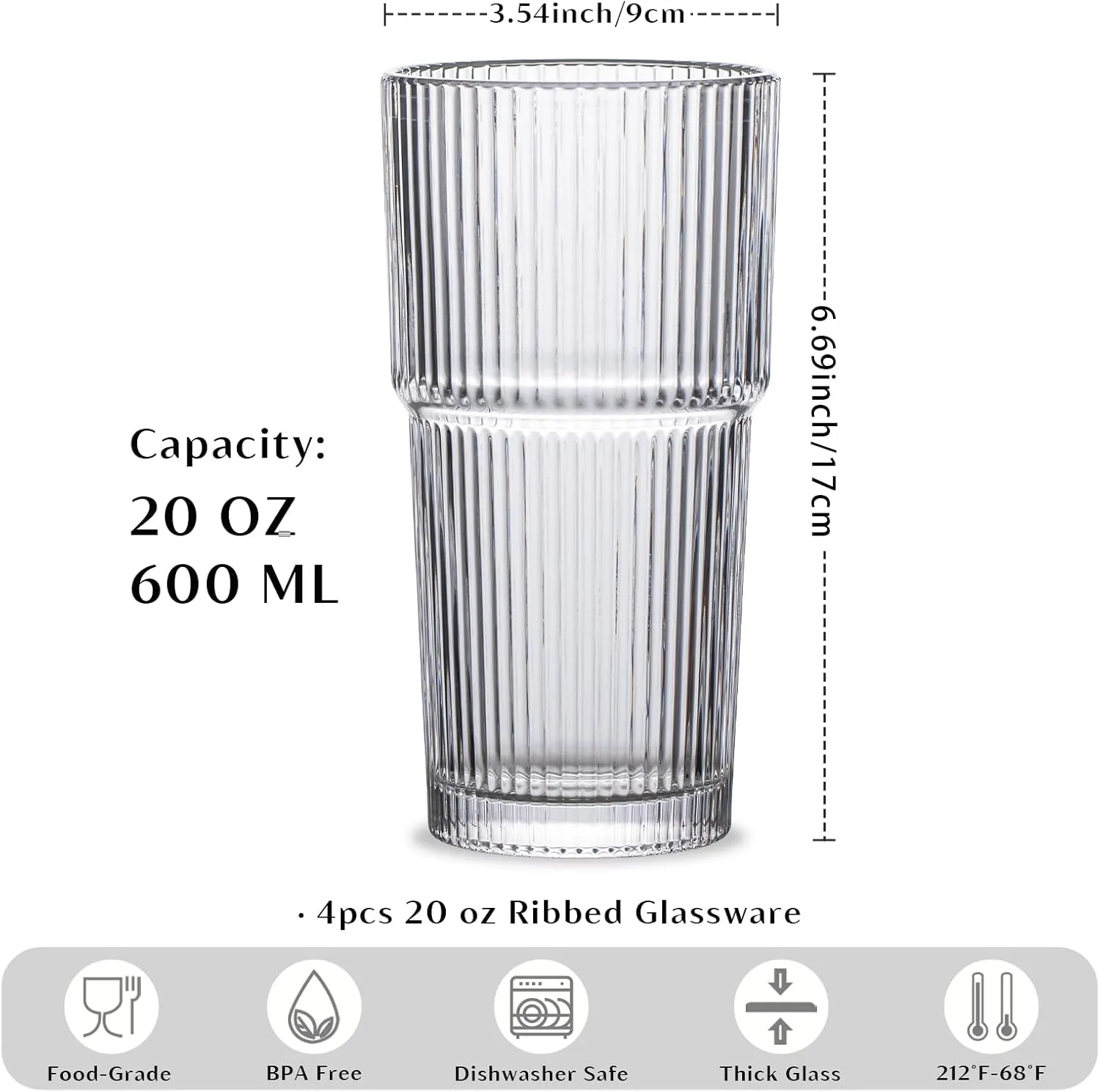 INSETLAN 20oz Ribbed Glass Tumbler Set of 4 – Large Capacity Drinking Glasses for Iced Coffee, Water, Juice, and Cocktails – Elegant Modern Glassware for Everyday Use and Special Occasions