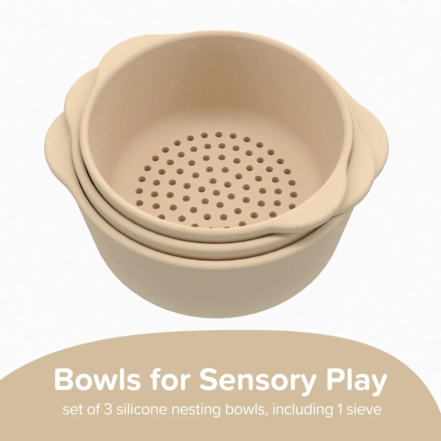 Inspire My Play - 3 x Nesting Bowls and Sieve - Perfect for Sensory PlayTray - Sensory Bin Accessories - Special Education Classroom Supplies - Montessori Education Toys - Natural