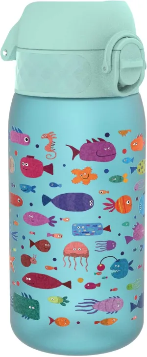 Ion8 Small Water Bottle, 350 ml/12 oz, Leak Proof, Easy to Open, Secure Lock, Dishwasher Safe, BPA Free, Carry Handle, Hygienic Flip Cover, Easy Clean, Odor Free, Carbon Neutral, Blue, Fish Design