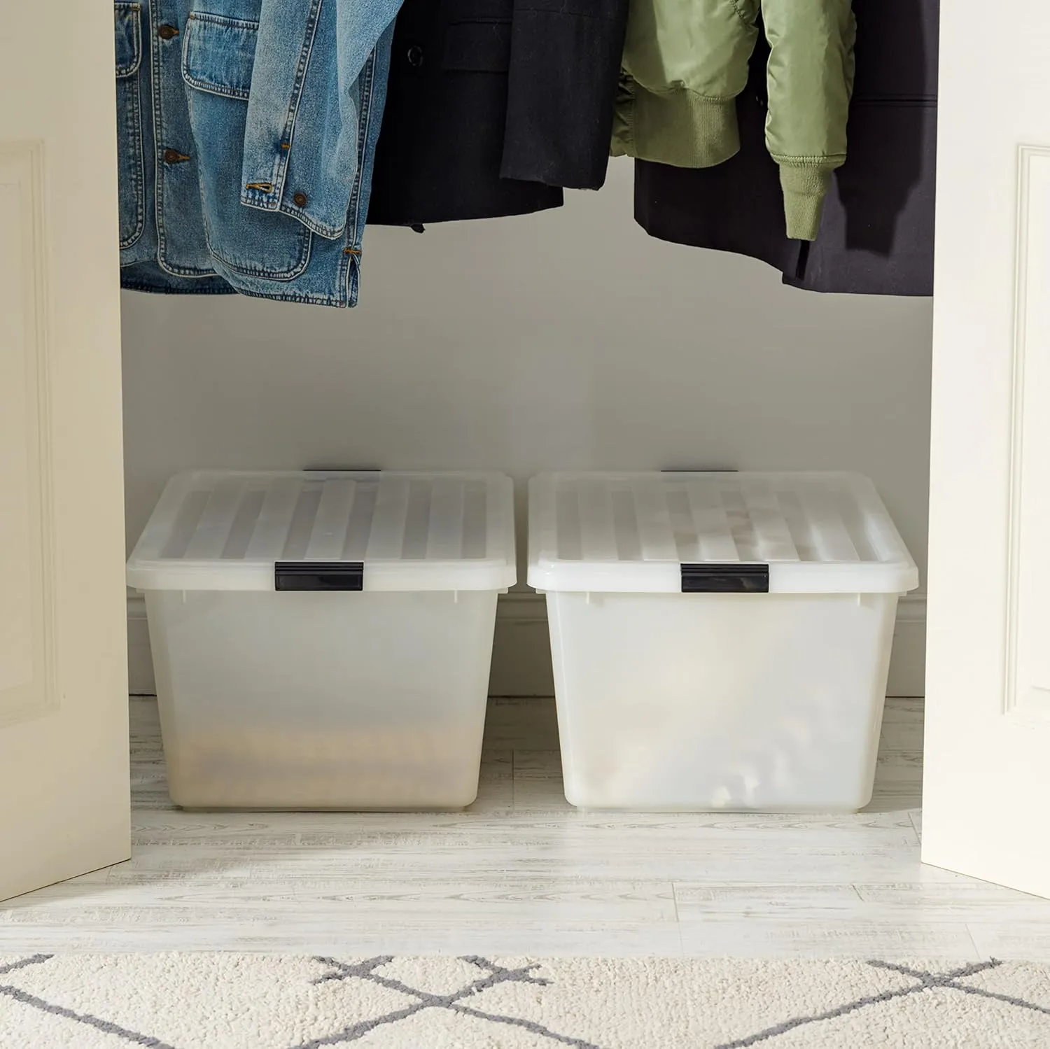 IRIS USA 68 Quart / 17 Gal. Stackable Plastic Storage Bins with Lids and Latch Buckles, 5 Pack - Pearl, Large Containers for Home and Office Ultra Organization, Durable Nestable Tote Box Tub