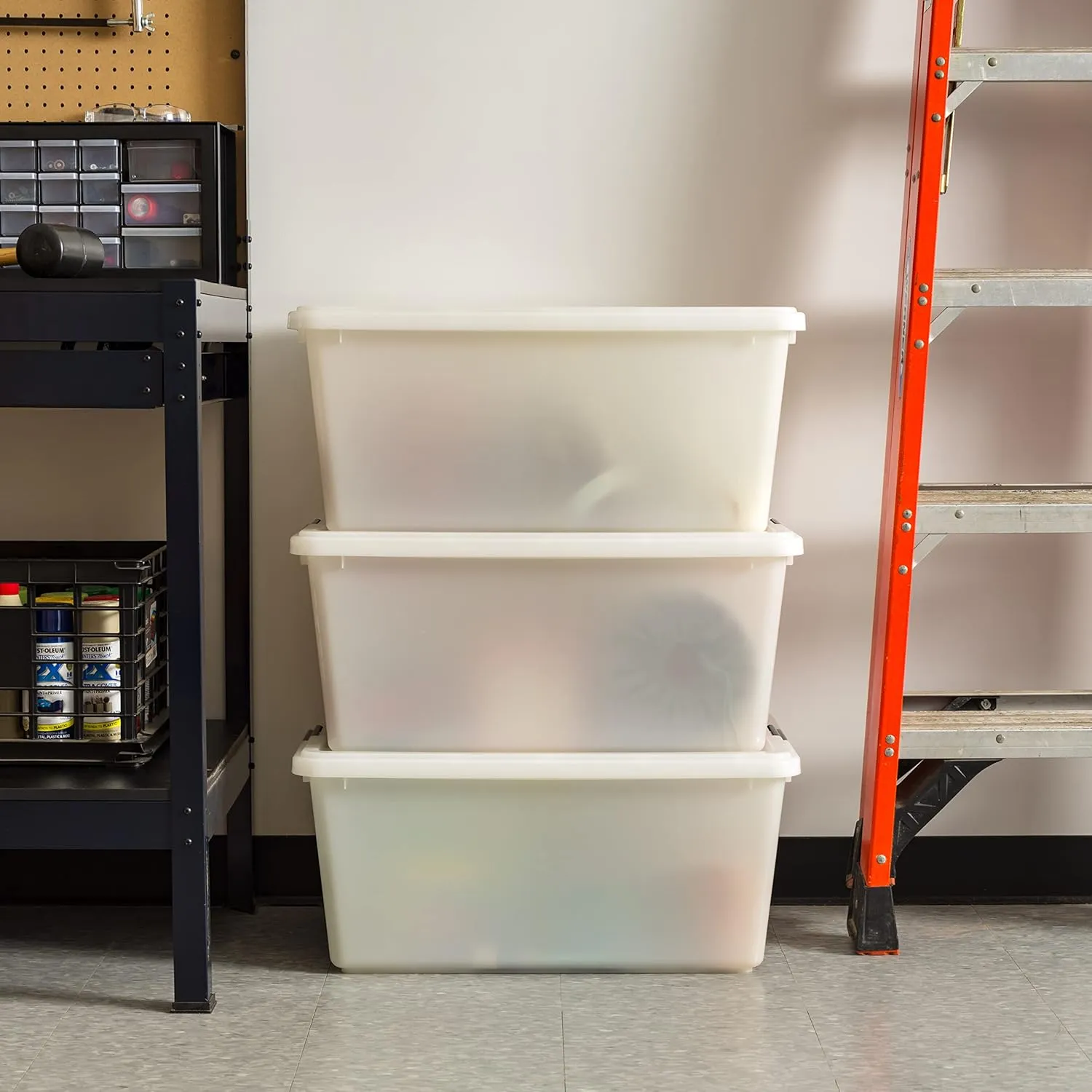 IRIS USA 68 Quart / 17 Gal. Stackable Plastic Storage Bins with Lids and Latch Buckles, 5 Pack - Pearl, Large Containers for Home and Office Ultra Organization, Durable Nestable Tote Box Tub