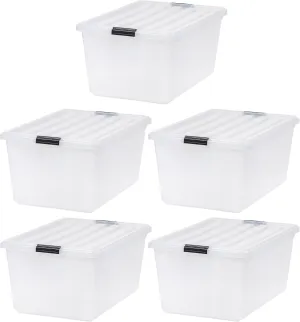 IRIS USA 68 Quart / 17 Gal. Stackable Plastic Storage Bins with Lids and Latch Buckles, 5 Pack - Pearl, Large Containers for Home and Office Ultra Organization, Durable Nestable Tote Box Tub