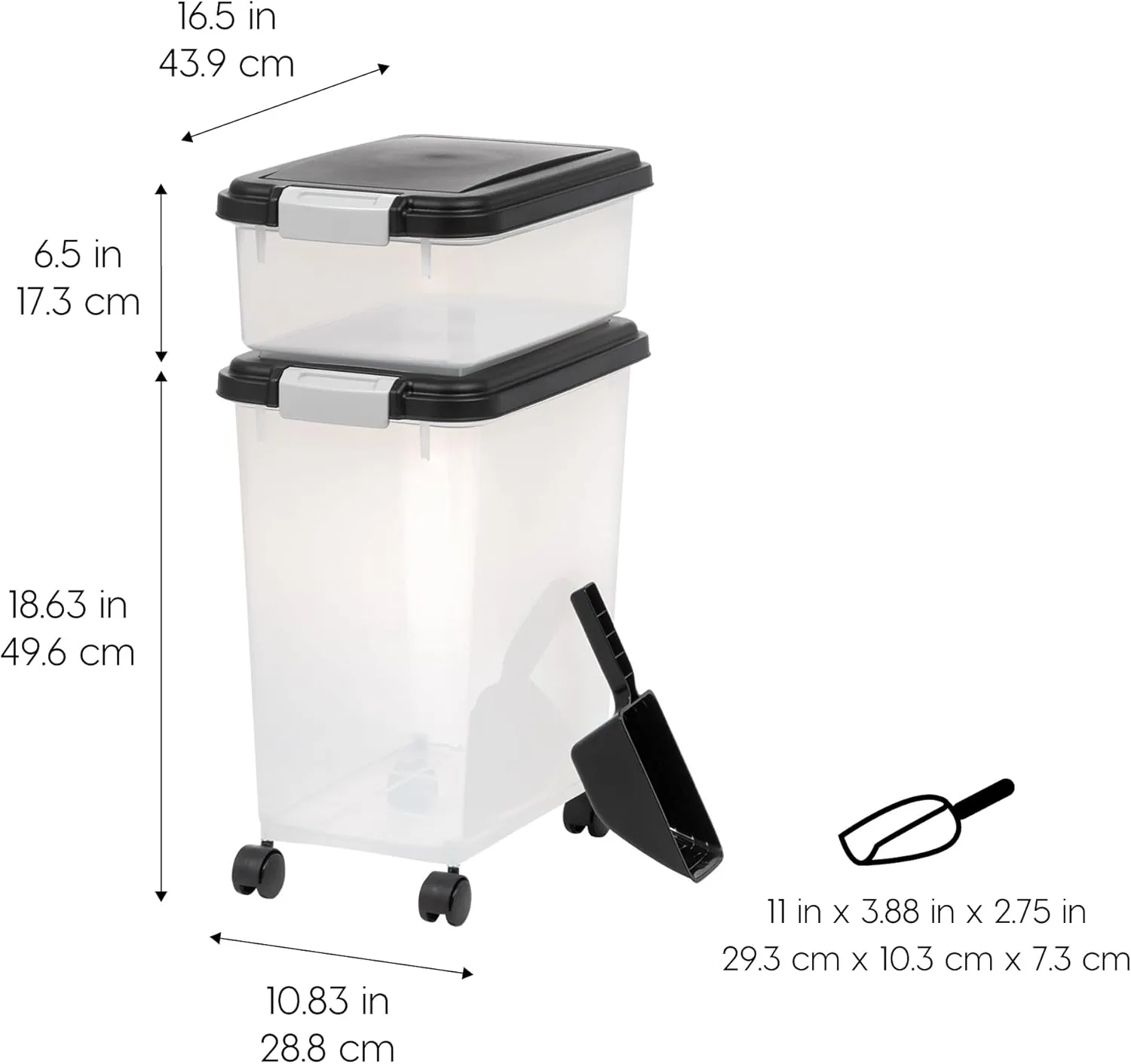 IRIS USA Dog Food Storage Container, 30 lbs & 11 lbs Combo, Cat Food Storage Container, Dog Treat Container, Airtight, Stackable, 2-Cup Scoop, Wheels, Easy Mobility, Black