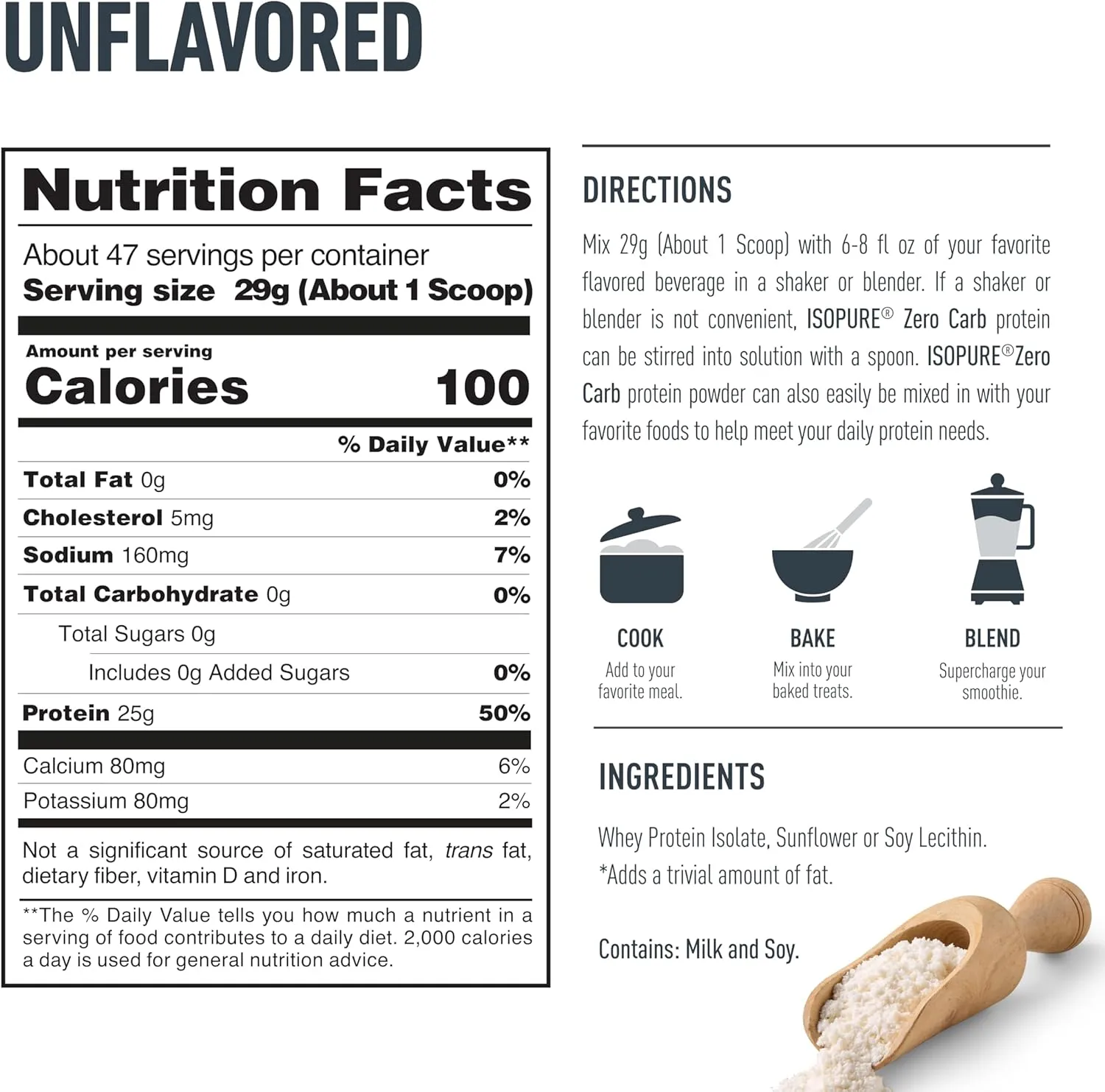 Isopure Zero Carb 100% Pure Whey Isolate Protein Powder, Lactose Free, Gluten Free, With Vitamins, Unflavored, 25g Protein Per Serving, 3 Lbs, 47 Servings (Packaging May Vary)