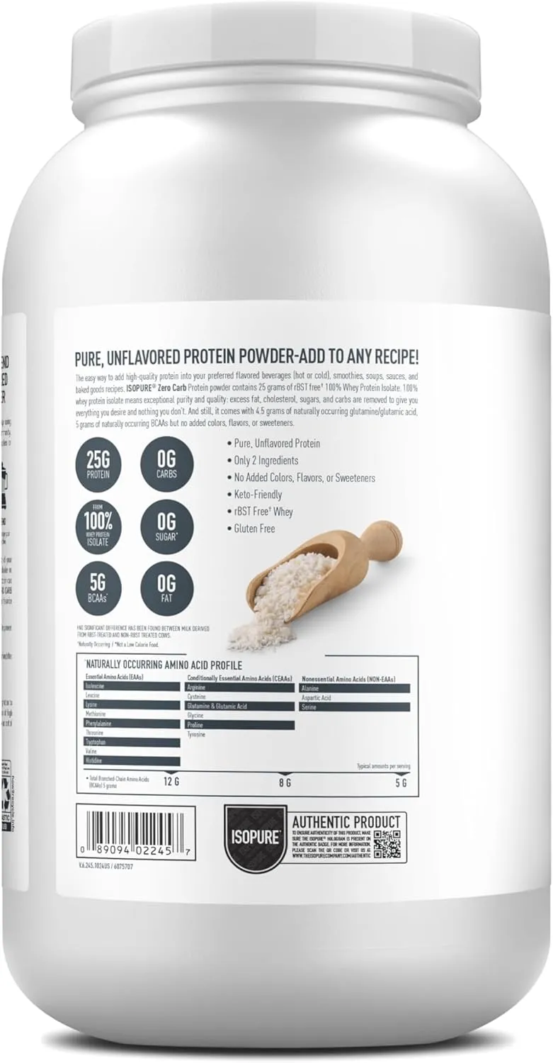 Isopure Zero Carb 100% Pure Whey Isolate Protein Powder, Lactose Free, Gluten Free, With Vitamins, Unflavored, 25g Protein Per Serving, 3 Lbs, 47 Servings (Packaging May Vary)