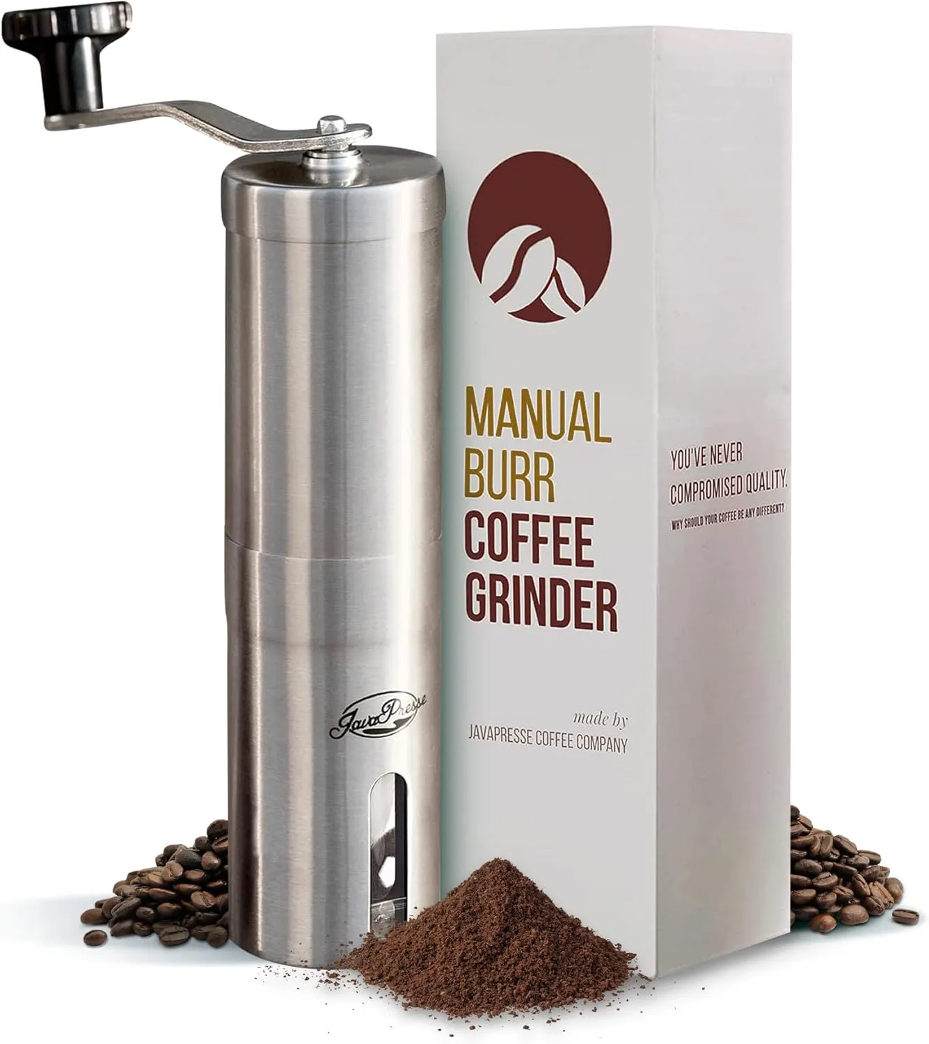 JavaPresse Manual Stainless Steel Coffee Grinder - 18 Adjustable Settings, Portable Conical Burr Grinder for Camping, Travel, Espresso - With Hand Crank