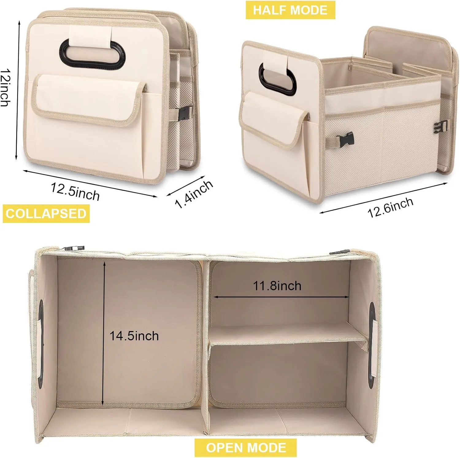 JiatuA Car Trunk Organizer, Car Organizers and Storage Collapsible Multi Compartment Container Box, Adjustable Car Accessories for SUV Sedan Truck, Large Size, Beige