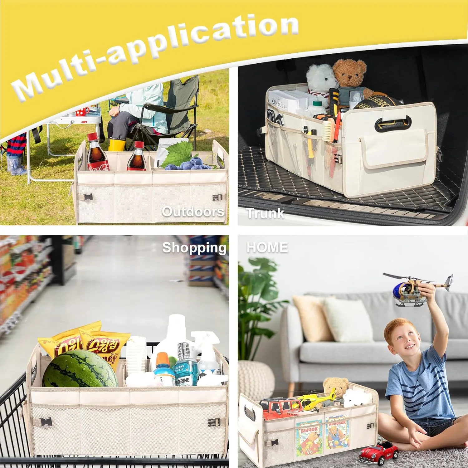 JiatuA Car Trunk Organizer, Car Organizers and Storage Collapsible Multi Compartment Container Box, Adjustable Car Accessories for SUV Sedan Truck, Large Size, Beige