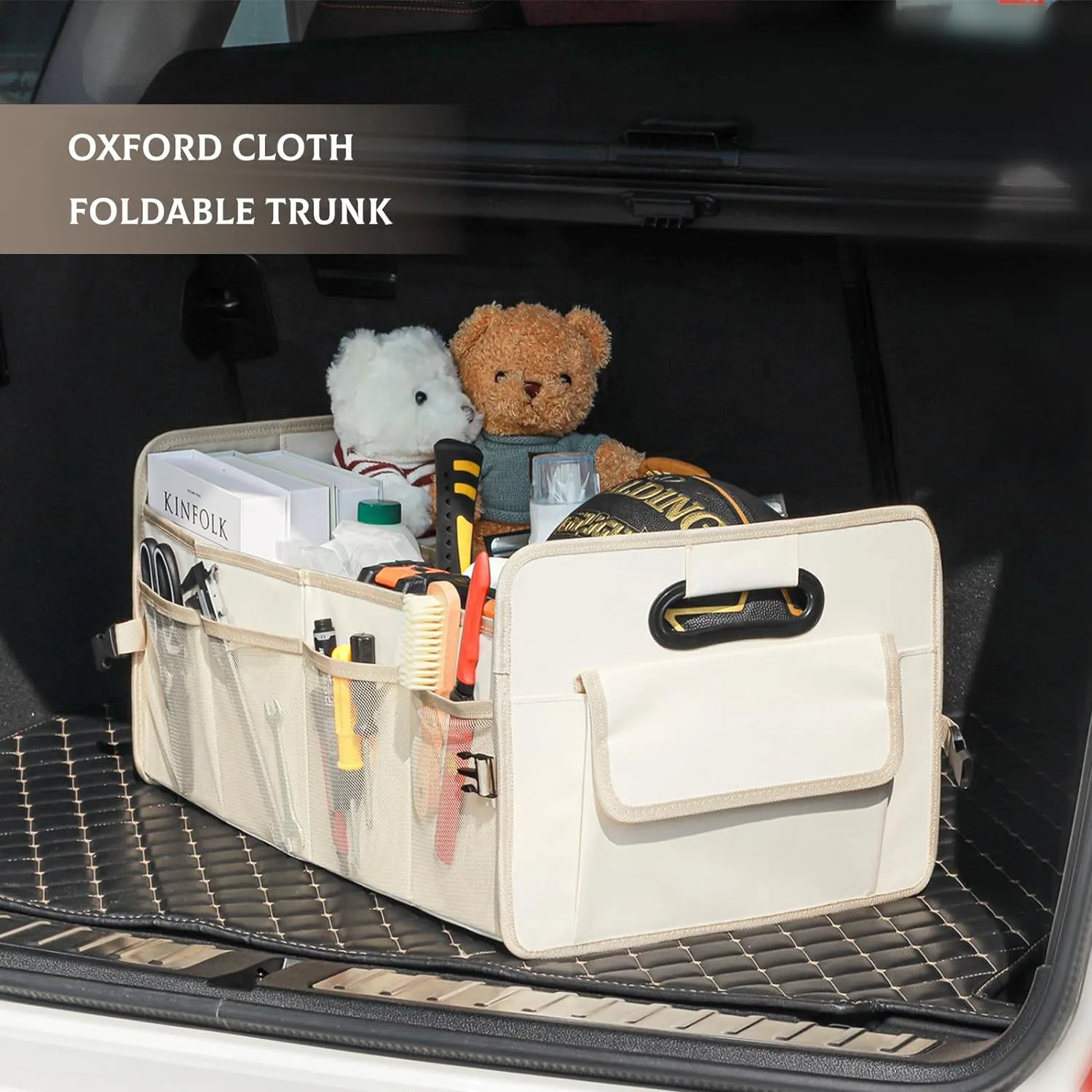 JiatuA Car Trunk Organizer, Car Organizers and Storage Collapsible Multi Compartment Container Box, Adjustable Car Accessories for SUV Sedan Truck, Large Size, Beige