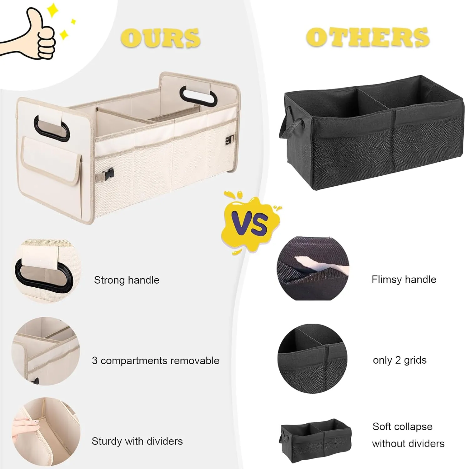 JiatuA Car Trunk Organizer, Car Organizers and Storage Collapsible Multi Compartment Container Box, Adjustable Car Accessories for SUV Sedan Truck, Large Size, Beige