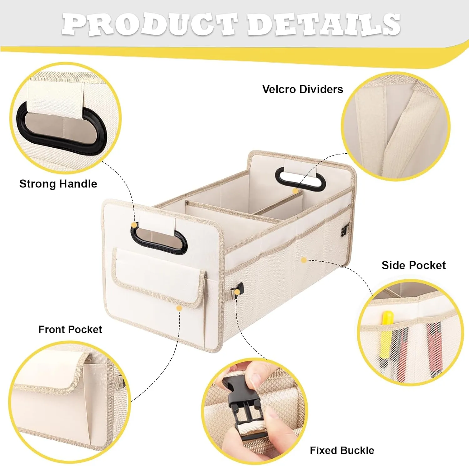 JiatuA Car Trunk Organizer, Car Organizers and Storage Collapsible Multi Compartment Container Box, Adjustable Car Accessories for SUV Sedan Truck, Large Size, Beige