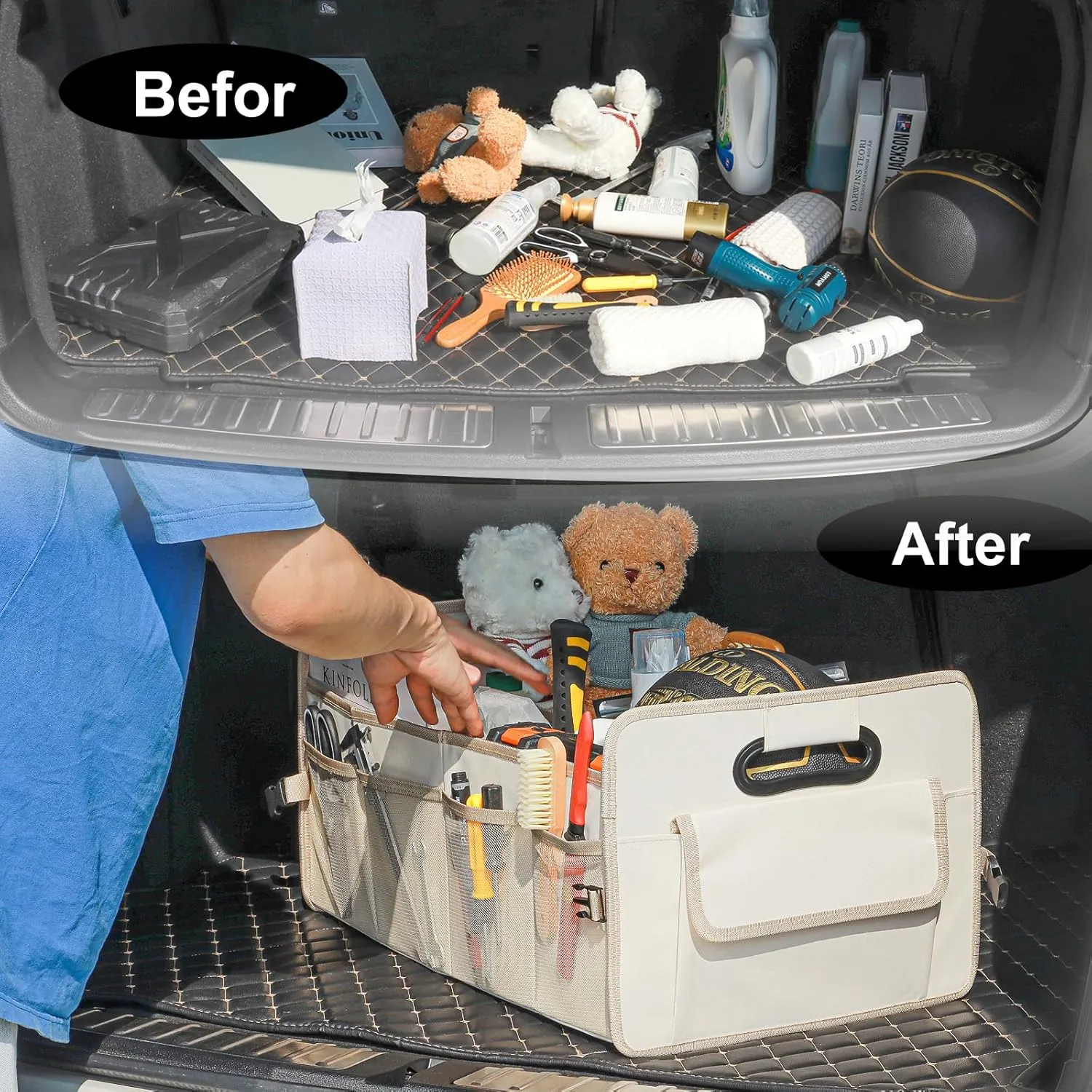 JiatuA Car Trunk Organizer, Car Organizers and Storage Collapsible Multi Compartment Container Box, Adjustable Car Accessories for SUV Sedan Truck, Large Size, Beige