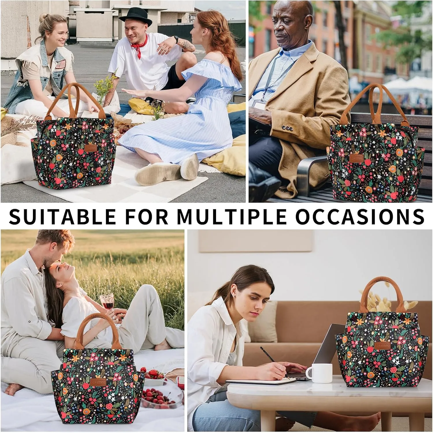 Joymee Lunch Bag Women Insulated Lunch Box Reusable Leakproof Large Spacious Cooler Tote for Womens Mens Adults with Bottle Holder and Side Pockets for Work Office Travel Picnic - Multi-Floral