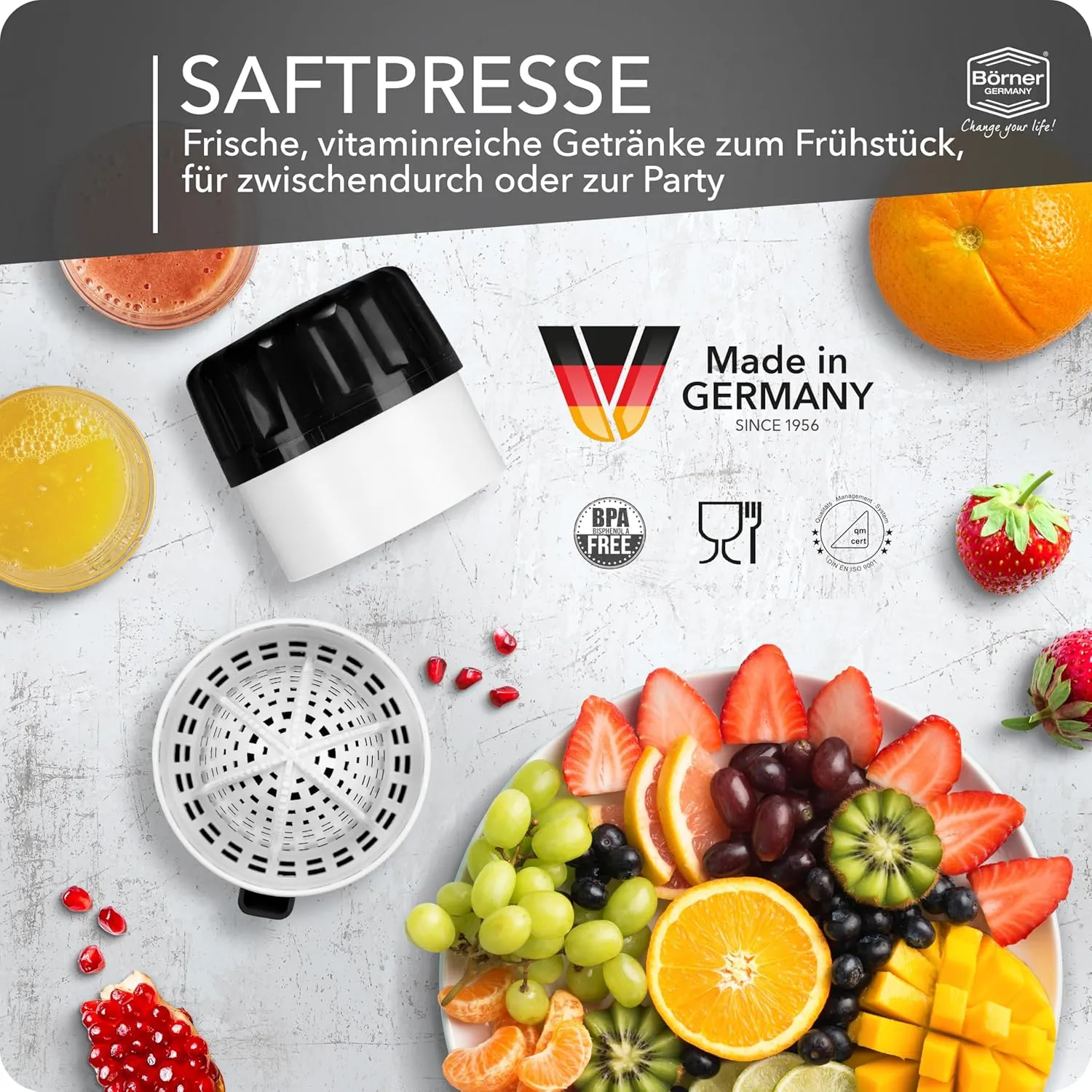 Juice Press • Citrus Press for Fresh Fruit/Vegetable Juices • Juicer with Juice Container • Manual Lemon & Orange Press • Citrus Juicer • Fruit Squeezer • Color: Black
