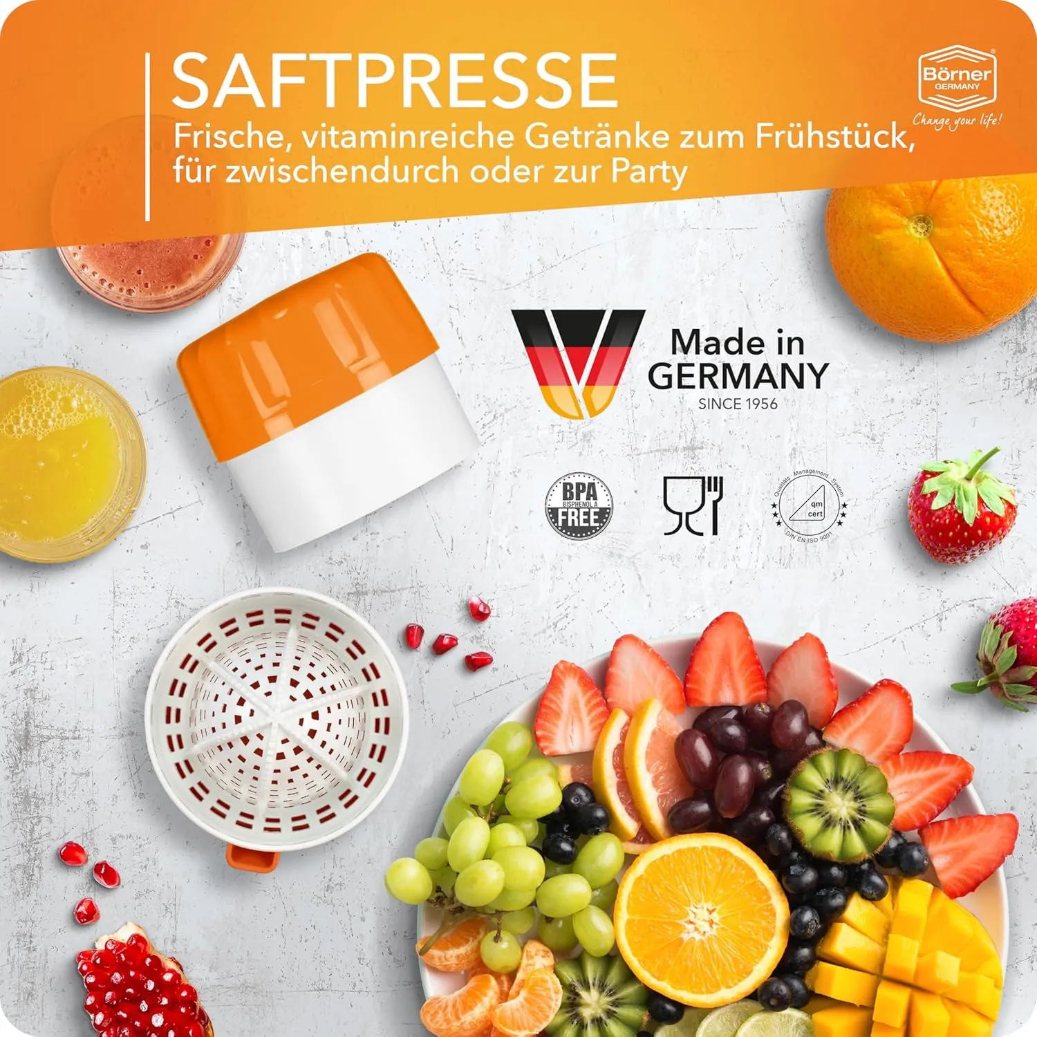 Juice Press • Citrus Press for Fresh Fruit/Vegetable Juices • Juicer with Juice Container • Manual Lemon & Orange Press • Citrus Juicer • Fruit Squeezer • Color: Orange