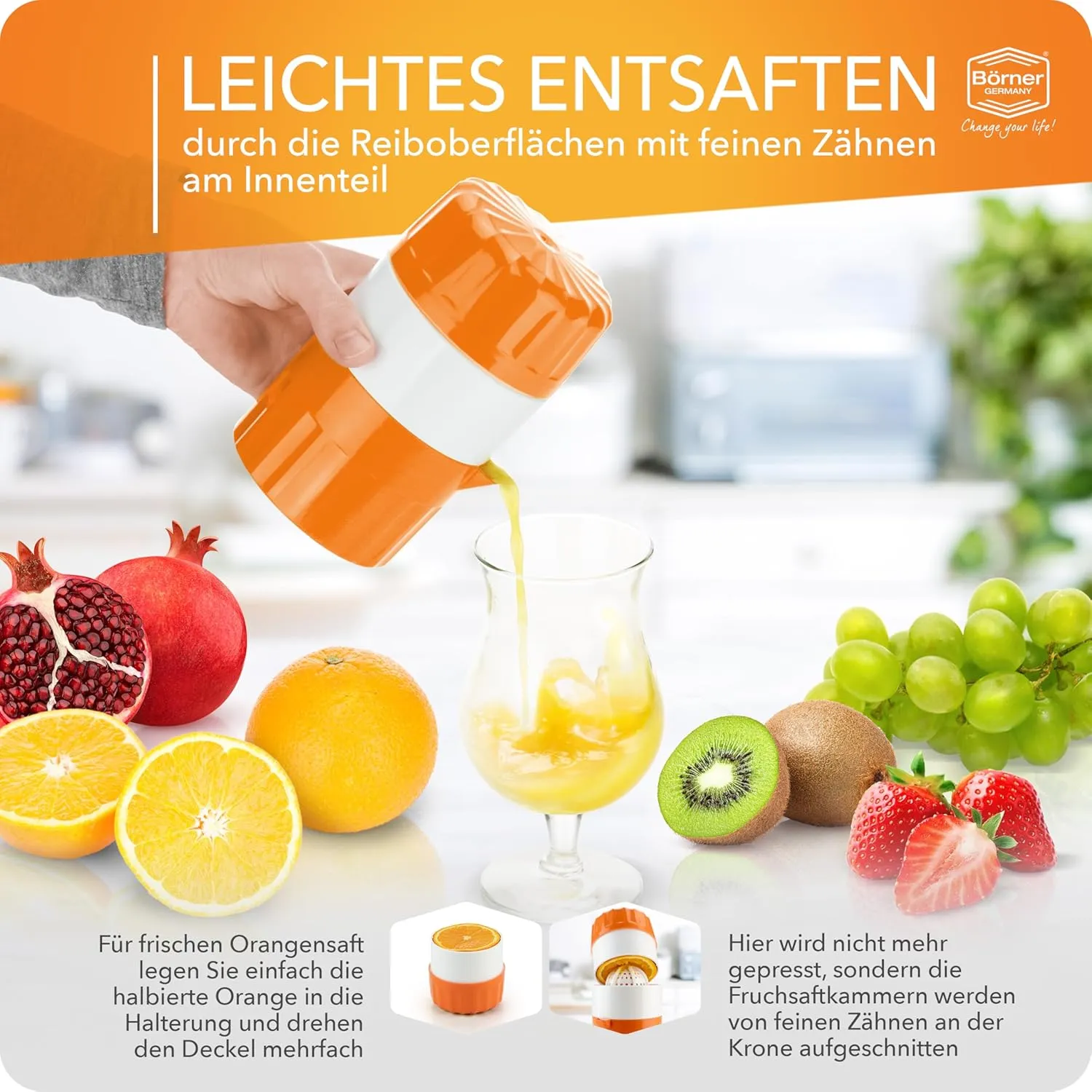 Juice Press • Citrus Press for Fresh Fruit/Vegetable Juices • Juicer with Juice Container • Manual Lemon & Orange Press • Citrus Juicer • Fruit Squeezer • Color: Orange