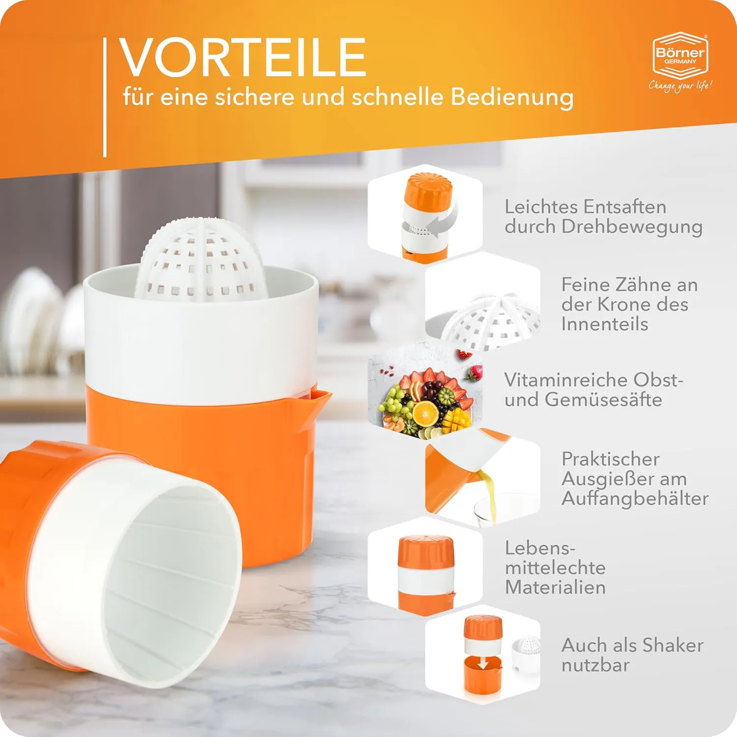 Juice Press • Citrus Press for Fresh Fruit/Vegetable Juices • Juicer with Juice Container • Manual Lemon & Orange Press • Citrus Juicer • Fruit Squeezer • Color: Orange