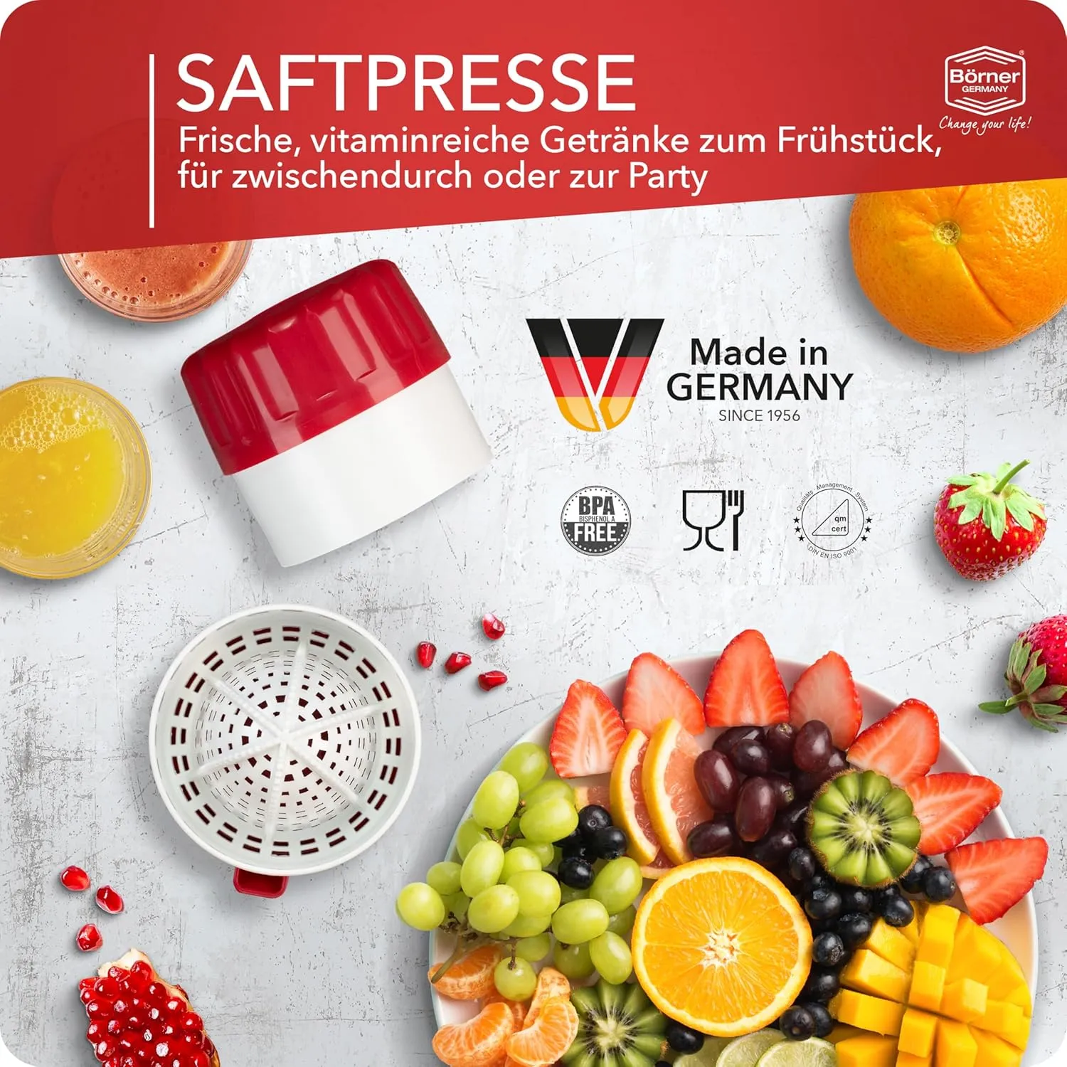 Juice Press • Citrus Press for Fresh Fruit/Vegetable Juices • Juicer with Juice Container • Manual Lemon & Orange Press • Citrus Juicer • Fruit Squeezer • Color: Red