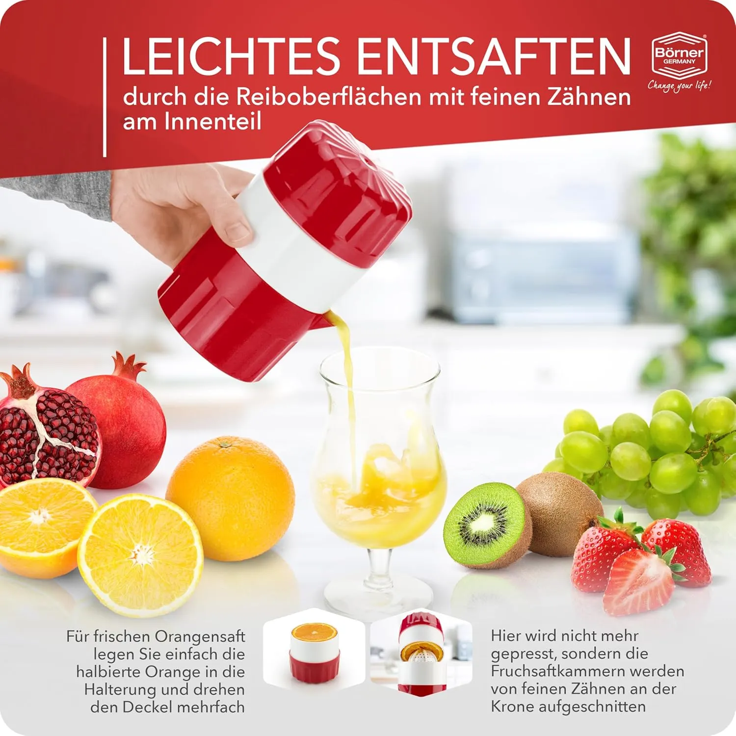 Juice Press • Citrus Press for Fresh Fruit/Vegetable Juices • Juicer with Juice Container • Manual Lemon & Orange Press • Citrus Juicer • Fruit Squeezer • Color: Red