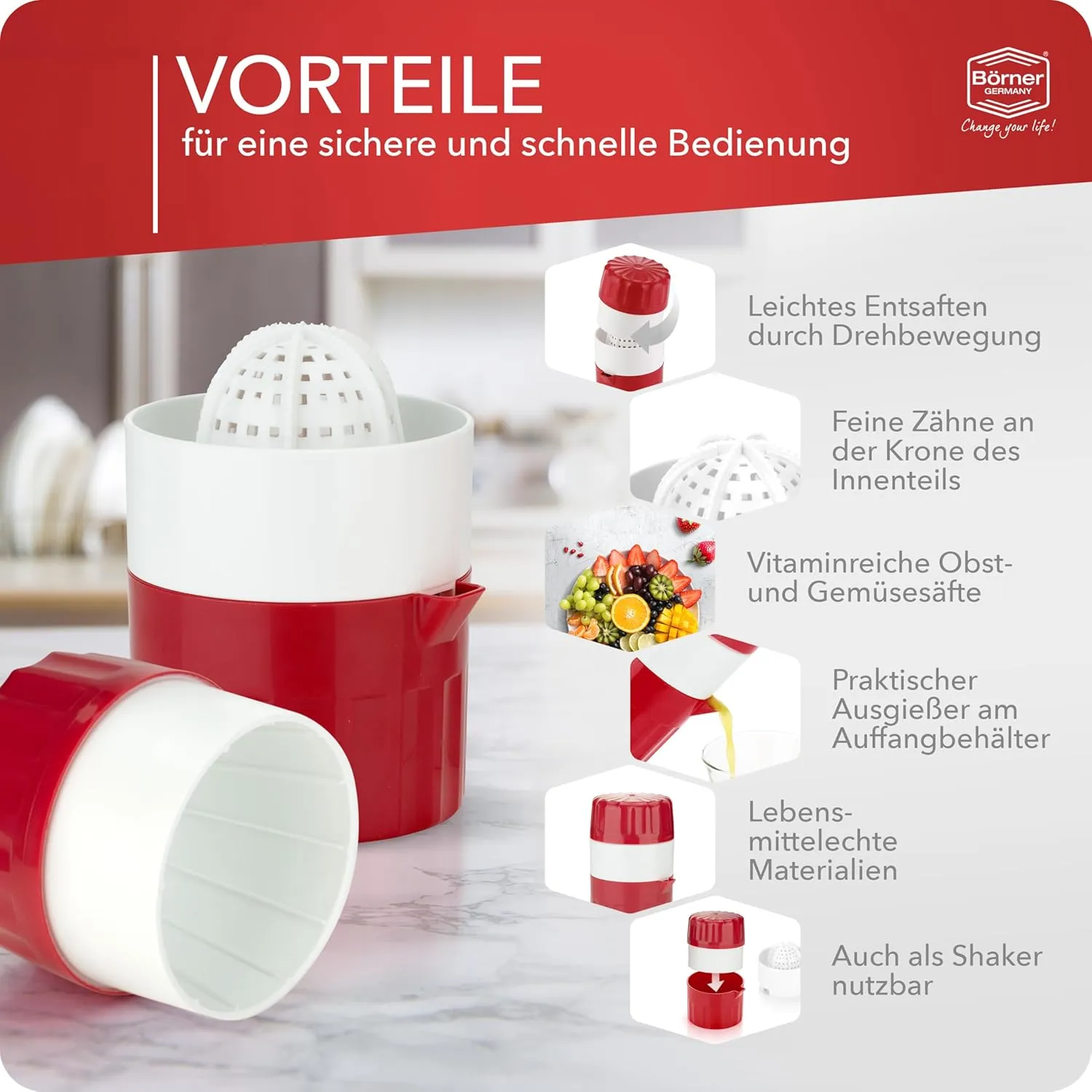 Juice Press • Citrus Press for Fresh Fruit/Vegetable Juices • Juicer with Juice Container • Manual Lemon & Orange Press • Citrus Juicer • Fruit Squeezer • Color: Red