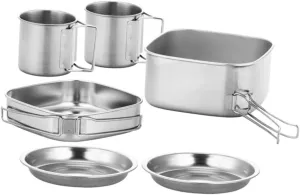 KICHOUSE Practical Camping Cookware Stainless Steel Camping Tableware Set Frying Pot Portable Outdoor Cooking Pan