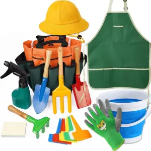 Kids Gardening Tool Set – Gardening Tools Kit Includes Shovel, Rake, Fork Trowel, Children's Garden Kit with Sun Hat, Apron, Gloves, Tote Bag, Sprayer and Bucket, Outdoor Play Toys Gift for Kids