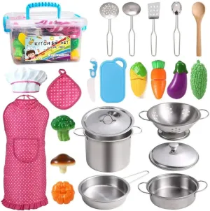 Kids Kitchen Pretend Play Toy Set, Stainless Steel Cookware, Utensils, 24 Pieces