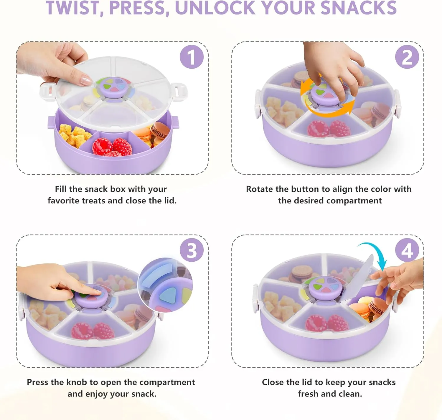 Kids Original Snack Spinner Bundle - Reusable Snack Container with 5 Compartment Dispenser and Lid | BPA and PVC Free | Dishwasher Safe | No Spill, Leakproof,for Toddlers (Purple)