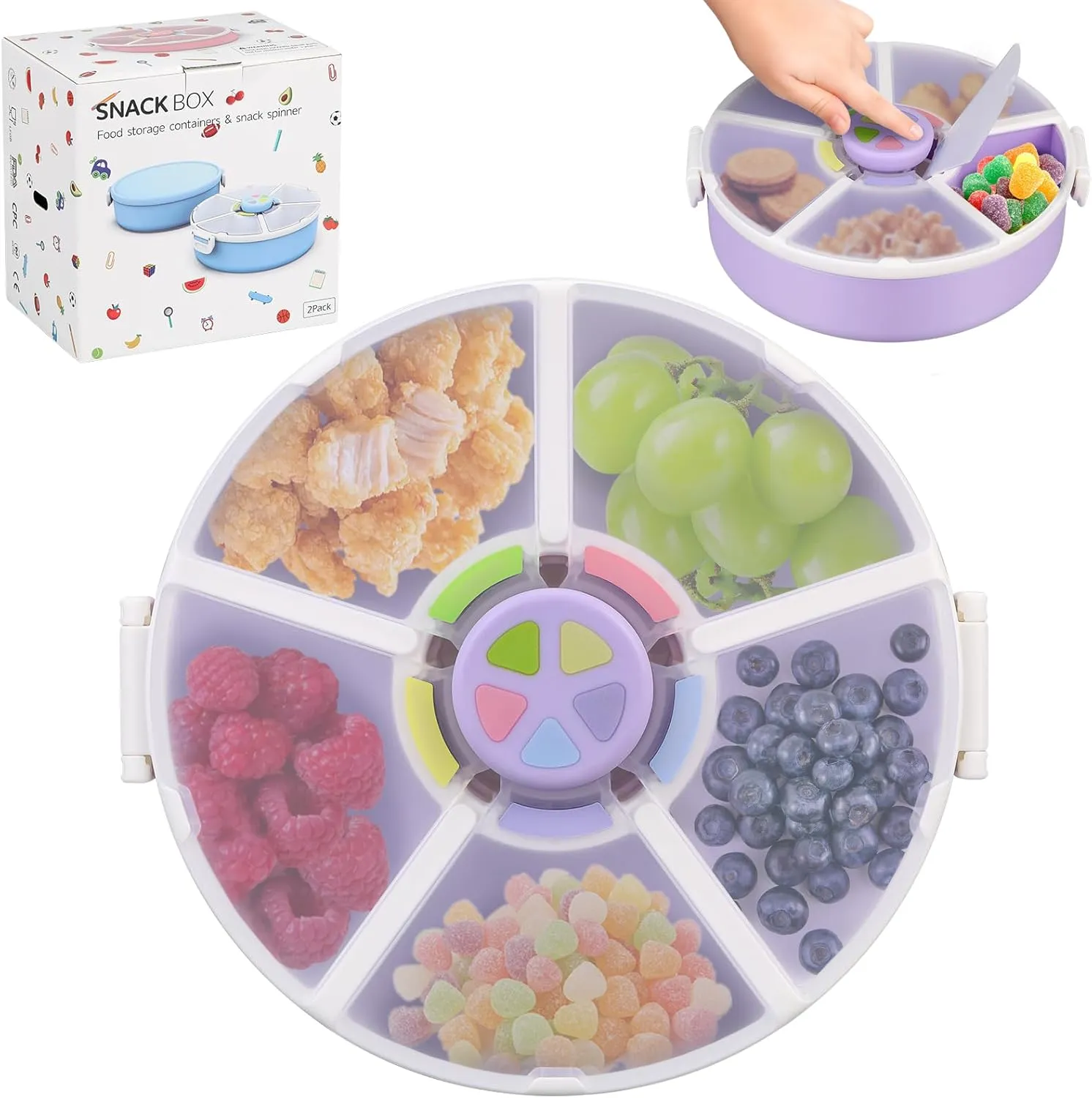 Kids Original Snack Spinner Bundle - Reusable Snack Container with 5 Compartment Dispenser and Lid | BPA and PVC Free | Dishwasher Safe | No Spill, Leakproof,for Toddlers (Purple)