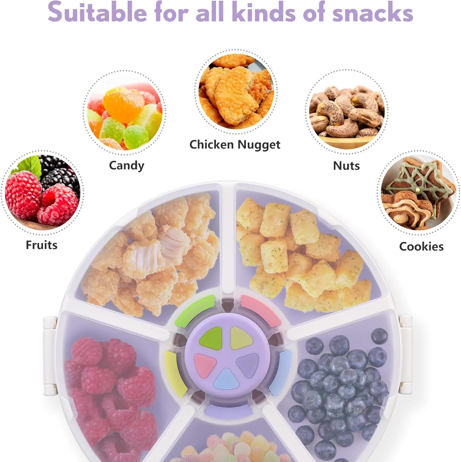 Kids Original Snack Spinner Bundle - Reusable Snack Container with 5 Compartment Dispenser and Lid | BPA and PVC Free | Dishwasher Safe | No Spill, Leakproof,for Toddlers (Purple)
