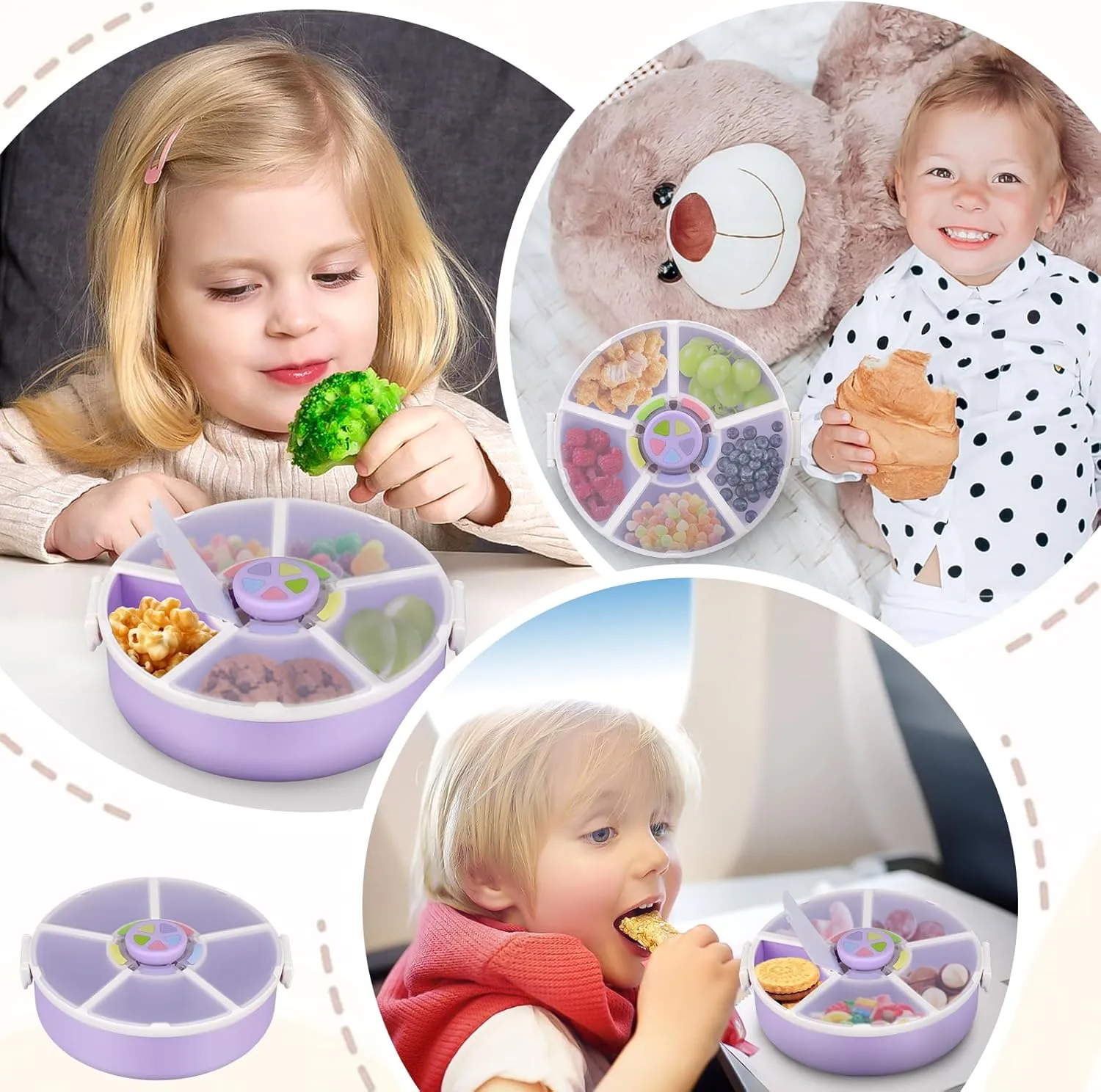 Kids Original Snack Spinner Bundle - Reusable Snack Container with 5 Compartment Dispenser and Lid | BPA and PVC Free | Dishwasher Safe | No Spill, Leakproof,for Toddlers (Purple)