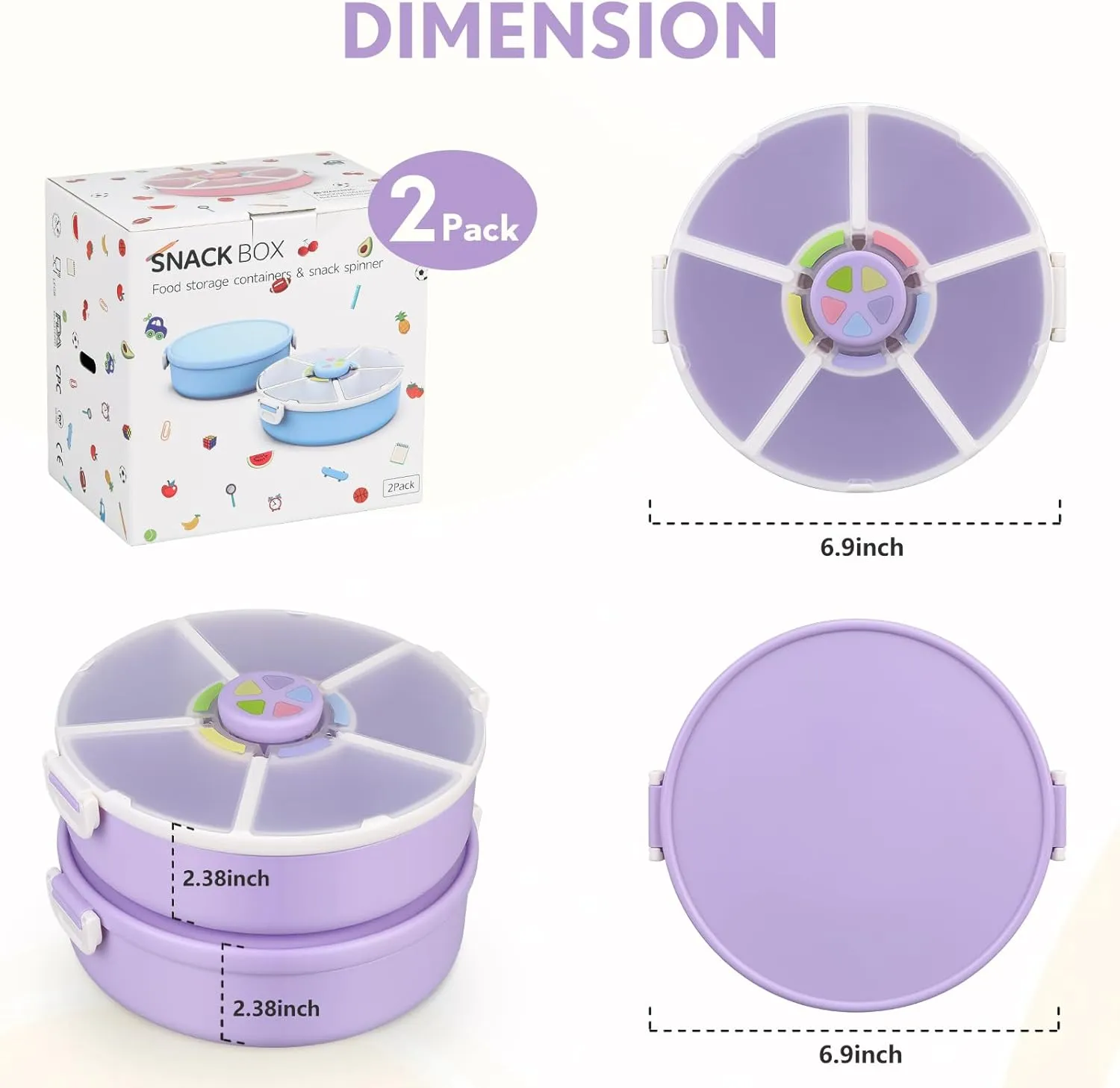 Kids Original Snack Spinner Bundle - Reusable Snack Container with 5 Compartment Dispenser and Lid | BPA and PVC Free | Dishwasher Safe | No Spill, Leakproof,for Toddlers (Purple)
