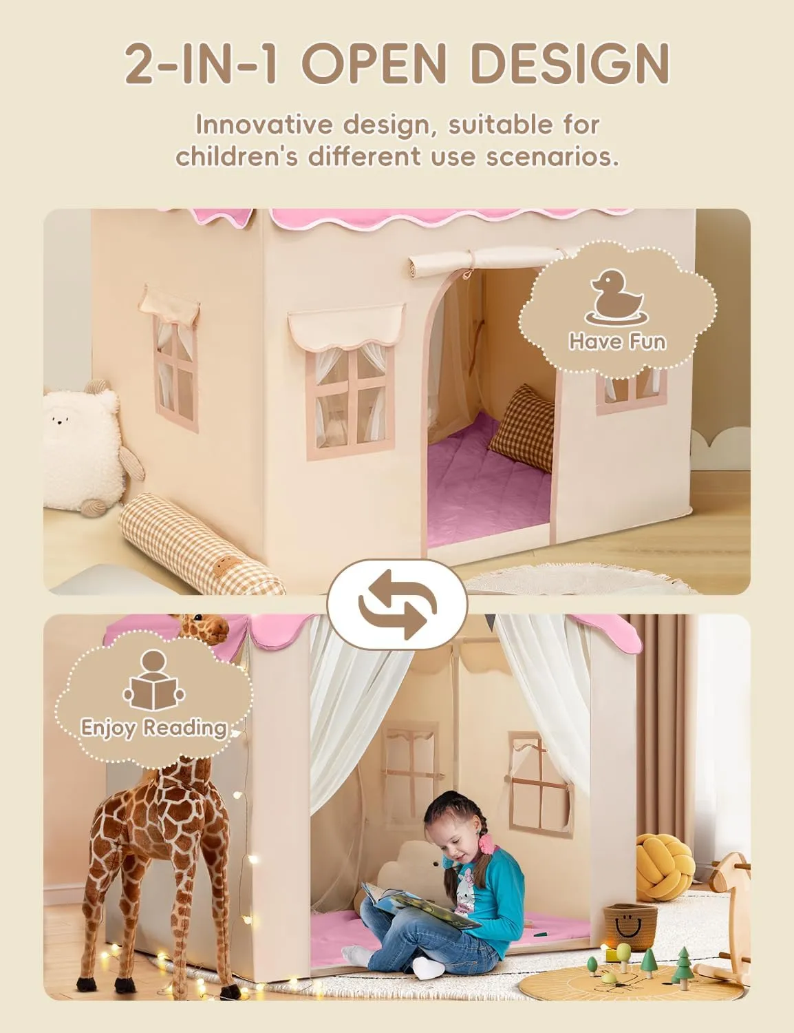 Kids Tent with Padded Mat Playhouse Tent 2 in 1, Kids Play Tent Large Space Indoor with 2 Doors and 4 Windows for Girls Boys with Stars Lights, Carry Bag, Banner Flag(Pink, 2 in 1)