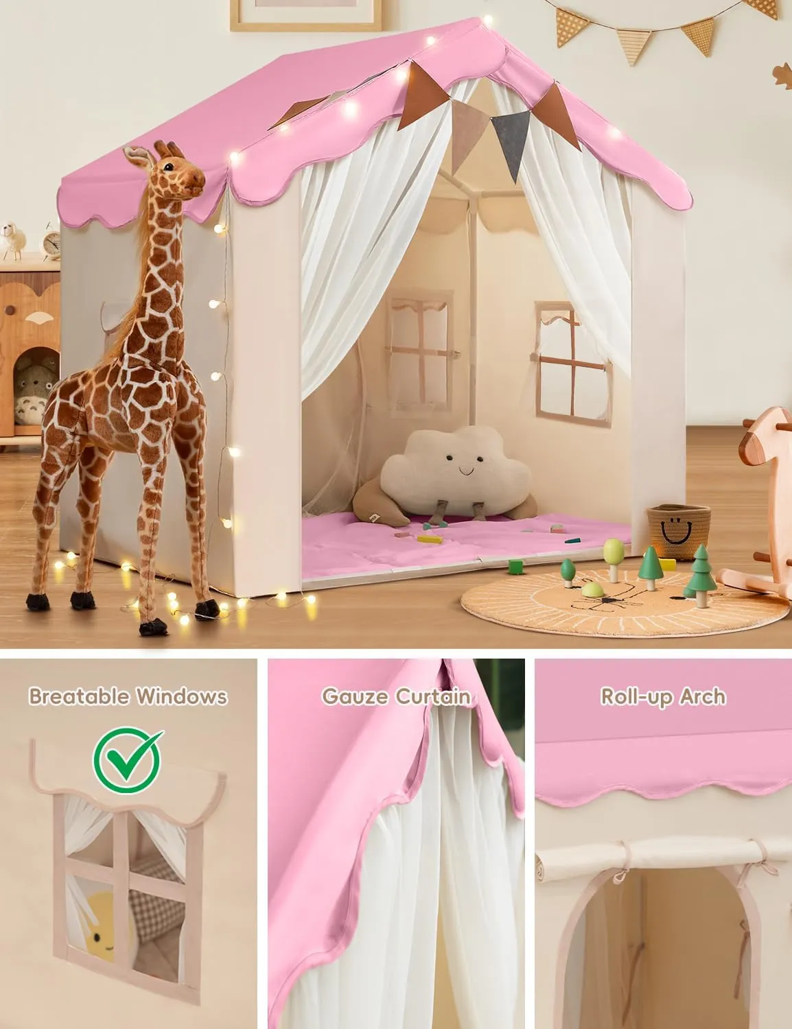 Kids Tent with Padded Mat Playhouse Tent 2 in 1, Kids Play Tent Large Space Indoor with 2 Doors and 4 Windows for Girls Boys with Stars Lights, Carry Bag, Banner Flag(Pink, 2 in 1)