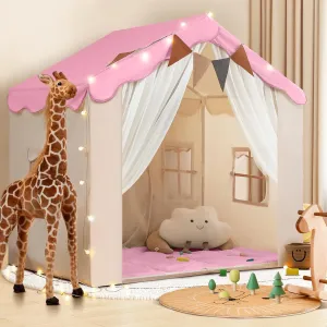 Kids Tent with Padded Mat Playhouse Tent 2 in 1, Kids Play Tent Large Space Indoor with 2 Doors and 4 Windows for Girls Boys with Stars Lights, Carry Bag, Banner Flag(Pink, 2 in 1)
