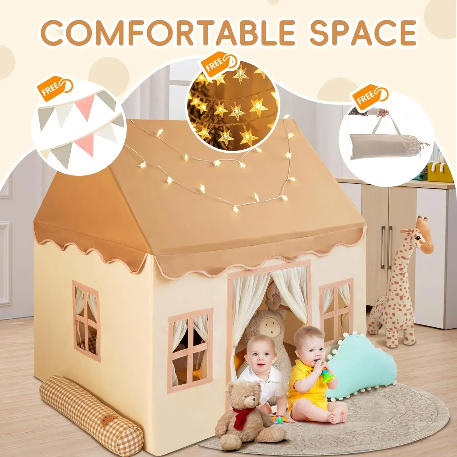 Kids Tent,Large Playhouse Indoor with Star Light Toddler,Play Tent for Kids,Toy House Gift(Coffee with Mat)