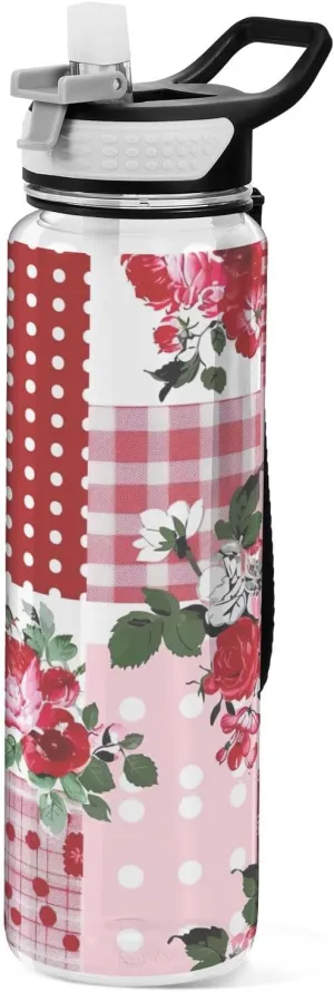 Kigai Transparent Sports Water Bottle 32oz, Flower Patchwork Leakproof Wide Mouth Water Bottle with Straw, BPA Free Water Jug with Detachable Strap & Handle for Fitness Gym Outdoor