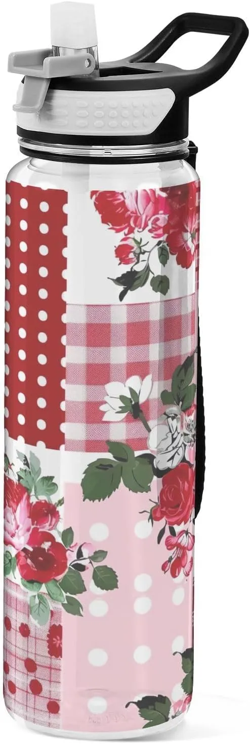 Kigai Transparent Sports Water Bottle 32oz, Flower Patchwork Leakproof Wide Mouth Water Bottle with Straw, BPA Free Water Jug with Detachable Strap & Handle for Fitness Gym Outdoor