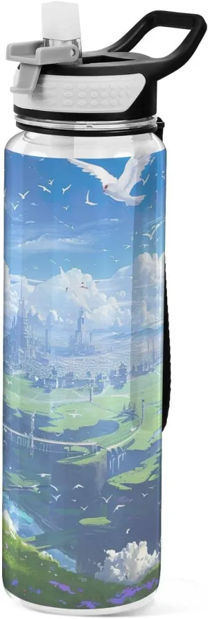 Kigai Transparent Sports Water Bottle 32oz, Future City Leakproof Wide Mouth Water Bottle with Straw, BPA Free Water Jug with Detachable Strap & Handle for Fitness Gym Outdoor