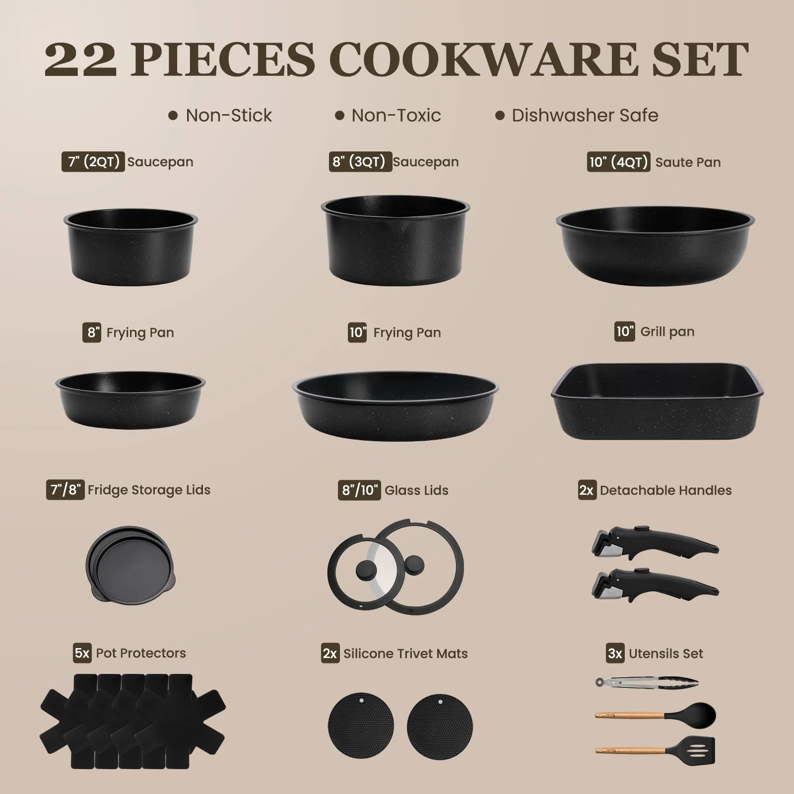 KIKCOIN 20 Pcs Pots and Pans Set Non Stick, Detachable Handle Cookware Sets Nonstick, Non Toxic Induction RV Kitchen Cooking Set with Removable Handles, Dishwasher/Oven Safe, Easy Clean (Black)