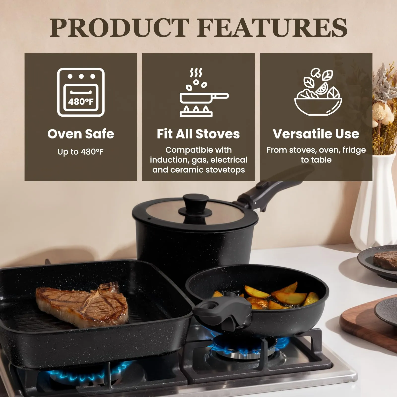 KIKCOIN 20 Pcs Pots and Pans Set Non Stick, Detachable Handle Cookware Sets Nonstick, Non Toxic Induction RV Kitchen Cooking Set with Removable Handles, Dishwasher/Oven Safe, Easy Clean (Black)