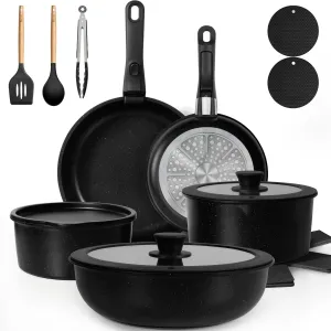 KIKCOIN 20 Pcs Pots and Pans Set Non Stick, Detachable Handle Cookware Sets Nonstick, Non Toxic Induction RV Kitchen Cooking Set with Removable Handles, Dishwasher/Oven Safe, Easy Clean (Black)