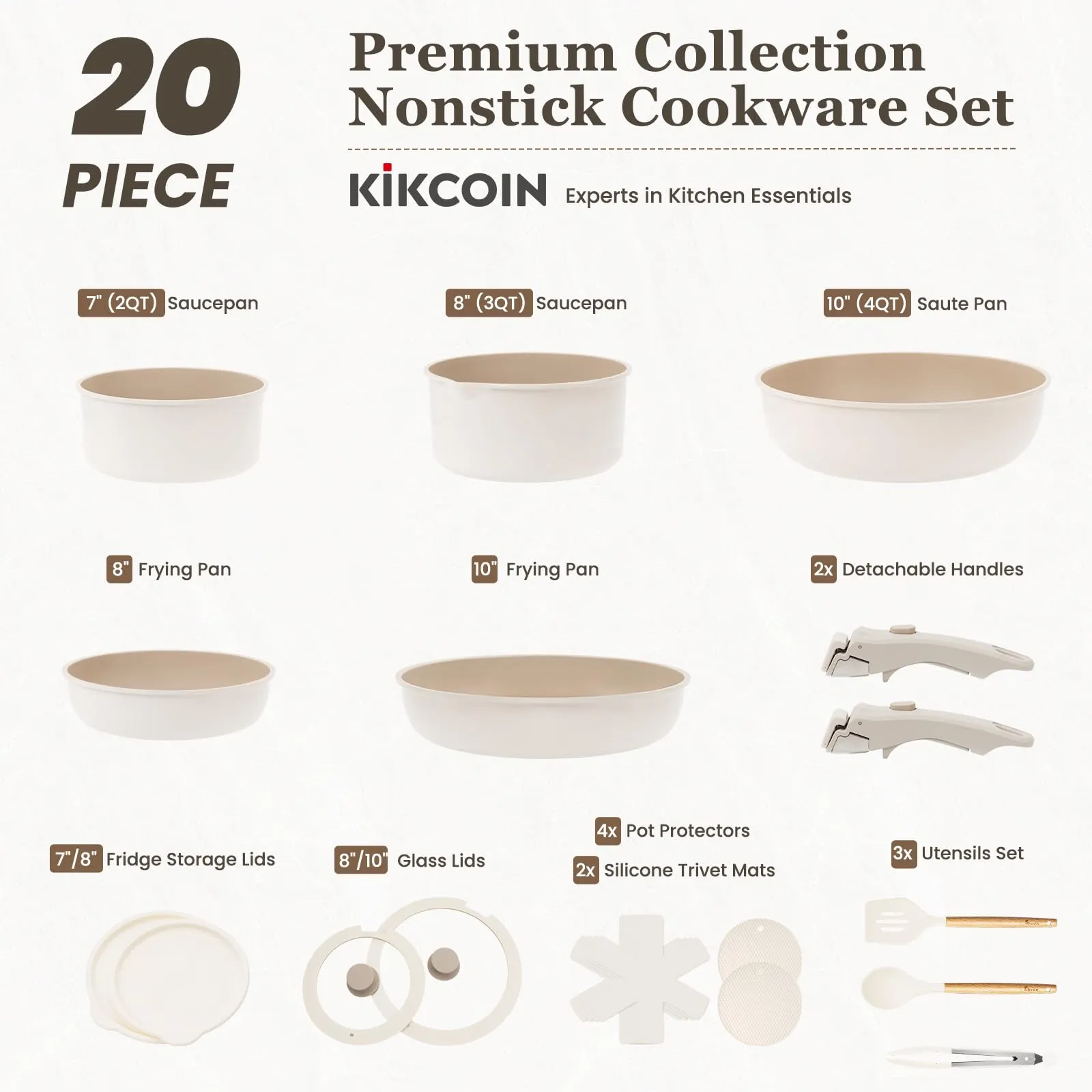 KIKCOIN 20 Pcs Pots and Pans Set Non Stick, Detachable Handle Cookware Sets Nonstick, Non Toxic Induction RV Kitchen Cooking Set with Removable Handles, Dishwasher/Oven Safe, Easy Clean (Black)