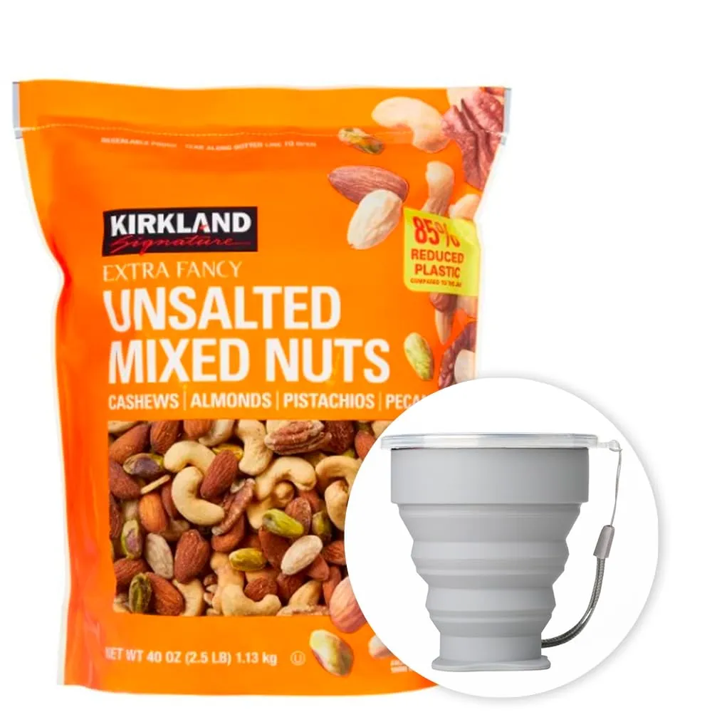Kirkland Signature Mixed Nuts Unsalted Extra Fancy 40 oz - 2.5lb Item 1652577 Bundle with MORALZA Silicone Cup 200ml - 2 Items
