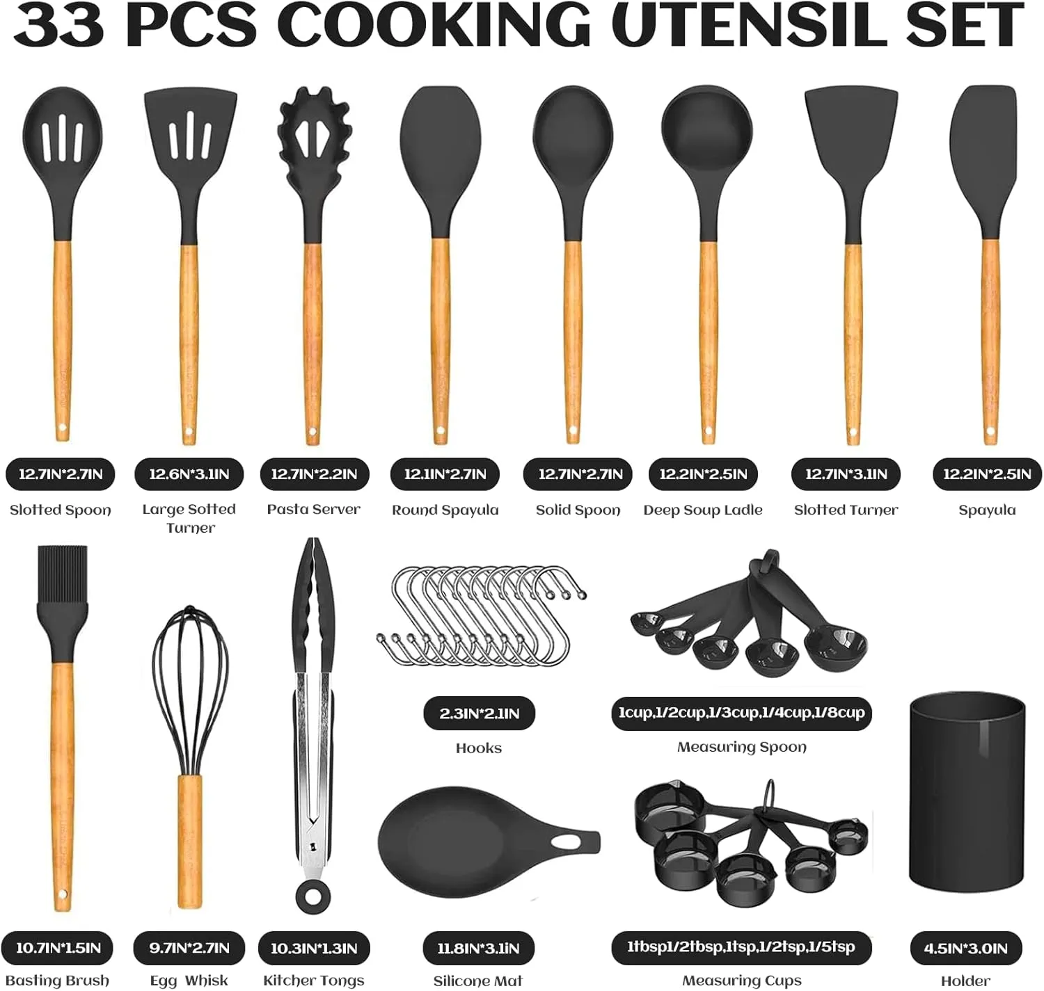 Kitchen Cooking Silicone Utensils Set, Black 33 pce Rubber Spatula Cookware Accessories For Home, Chef Decor Appliances, Nonstick Heat Resistant Silicona can withstand temperatures up to 446